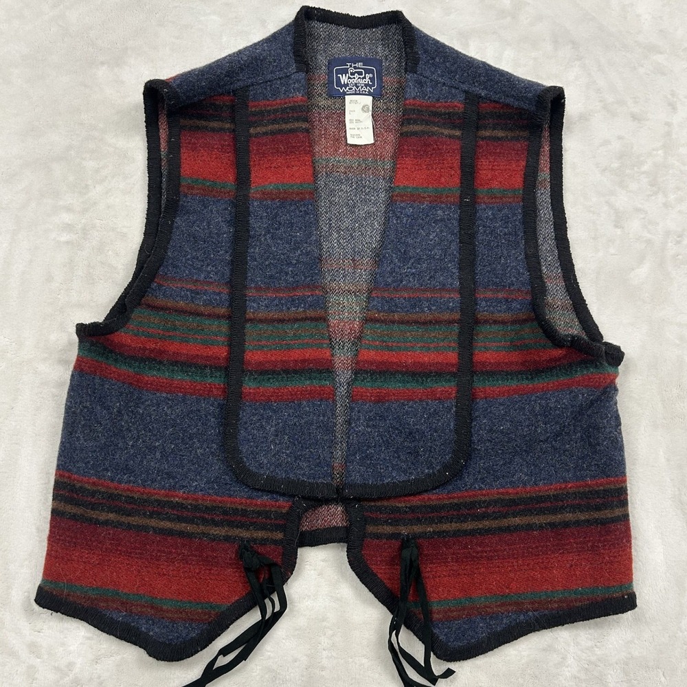 Woolrich Vest Woman Large Blue Striped Wool Blend Tie Front USA Made 8778TJ